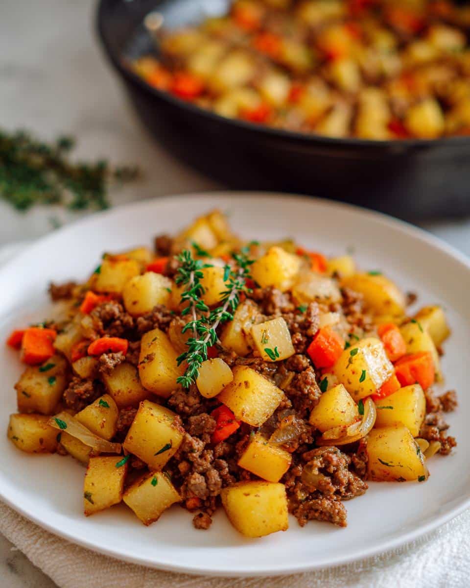 Easy Skillet Hobo Casserole with Ground Beef in 40 Minutes 5 A serving of Skillet Hobo Casserole Ground Beef Recipe Easy on a white plate, garnished with fresh thyme. A skillet is blurred in the background.