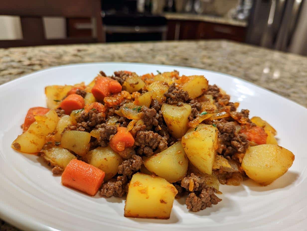 Easy Skillet Hobo Casserole with Ground Beef in 40 Minutes 1 Close-up of a serving of Skillet Hobo Casserole Ground Beef Recipe Easy with potatoes, carrots, and ground beef on a white plate.