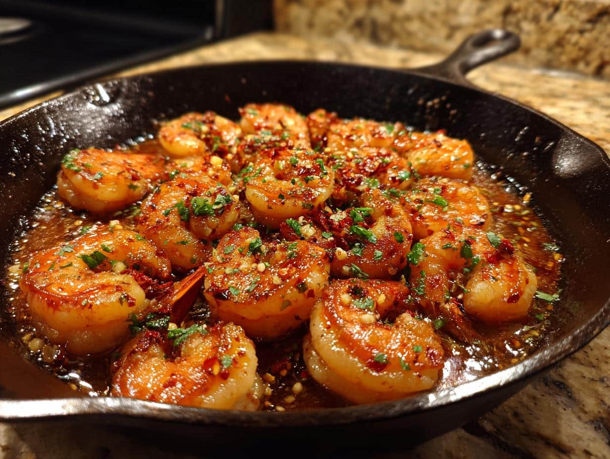 Close-up of Skillet Minute Honey Garlic Shrimp Recipe in a cast iron pan, garnished with parsley and chili flakes.