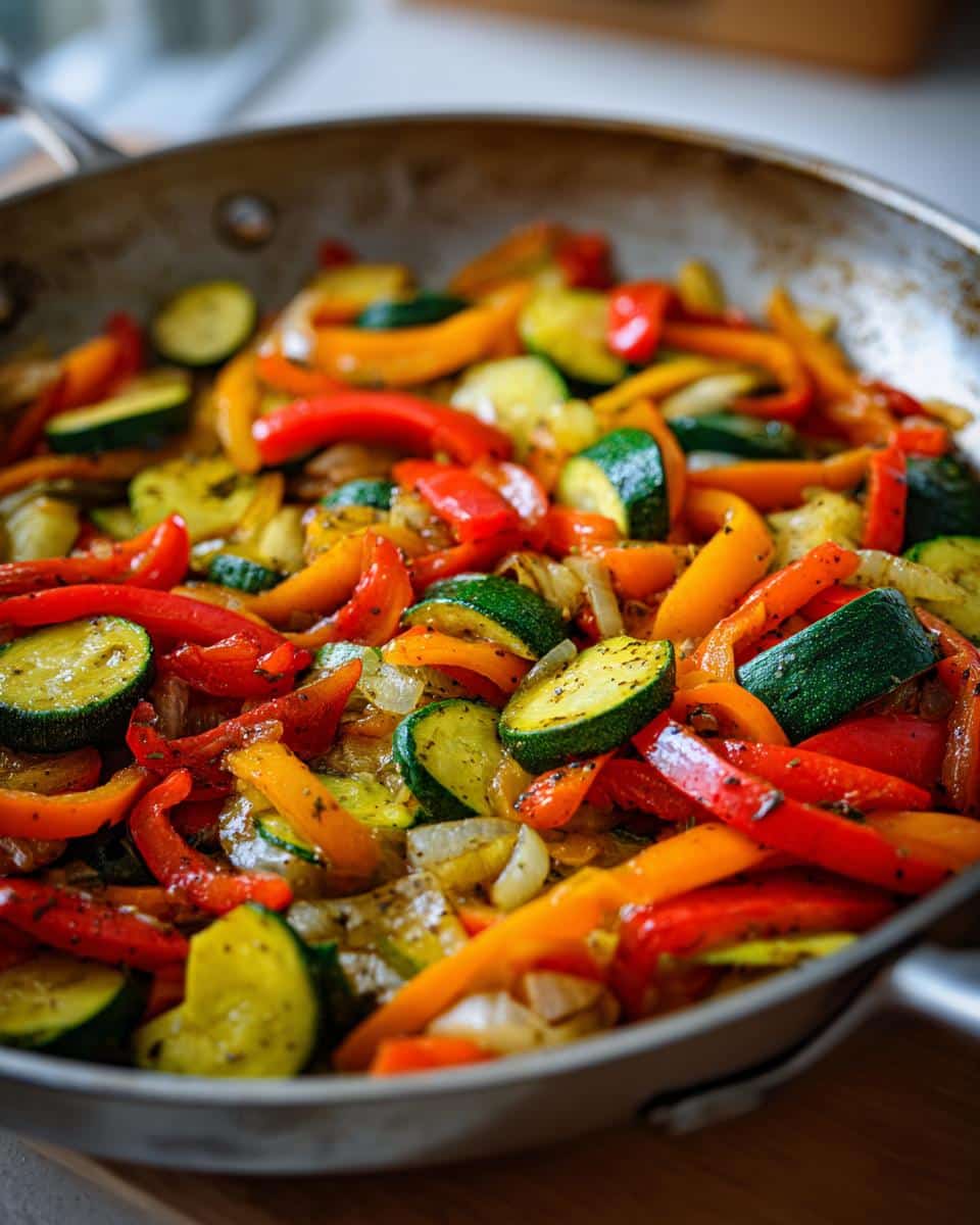 Close-up of vibrant Skillet Side Dishes featuring sautéed zucchini, red and orange bell peppers, and onions.