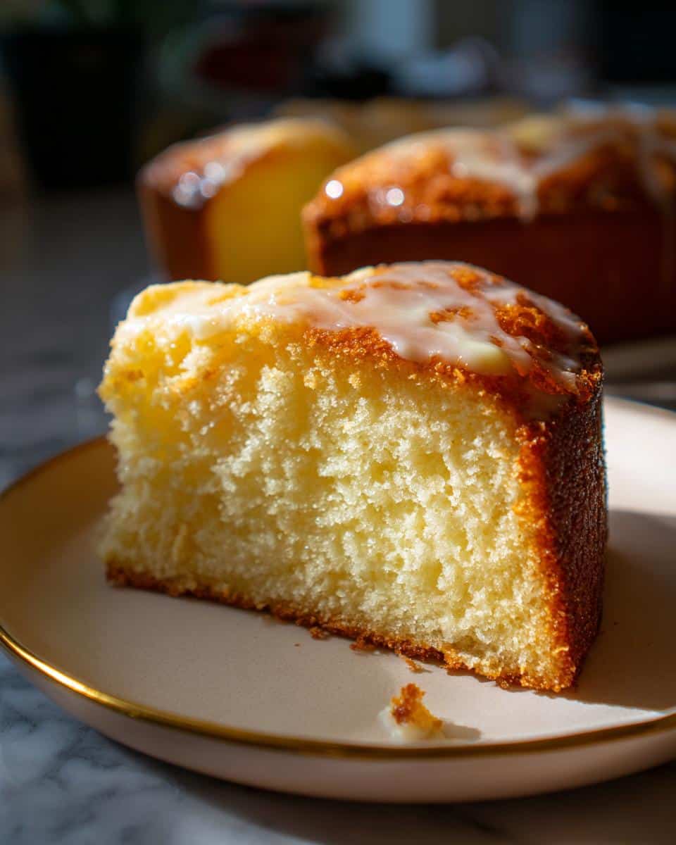 A close-up of a slice of Rich Ingredient Lemon Cream Cheese Dump Cake on a plate, topped with a sweet white glaze.