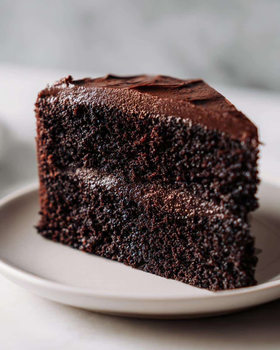 A close-up of a delicious slice of The Best Chocolate Cake with rich chocolate frosting on a light plate.