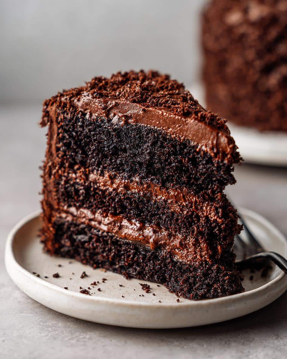 A close-up of a slice of The Best Chocolate Cake, featuring rich dark chocolate layers and creamy frosting, topped with crumbs.