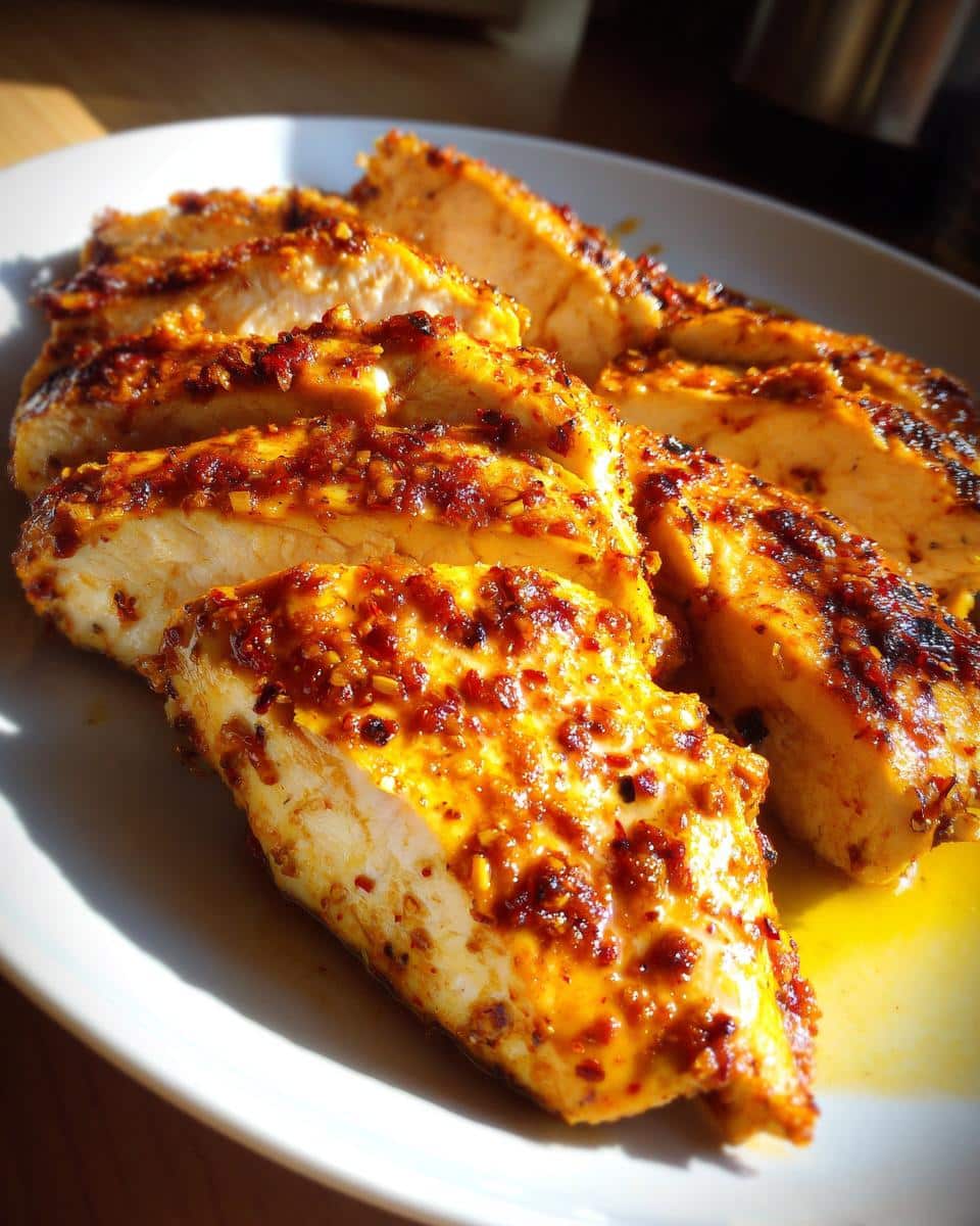 Close-up of perfectly cooked, sliced Spicy Melt in Your Mouth Chicken breast on a white plate, glistening with sauce.