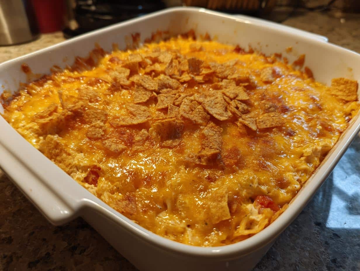 A freshly baked Spicy Angel Chicken Casserole in a white baking dish, topped with melted cheese and crunchy cornflakes.