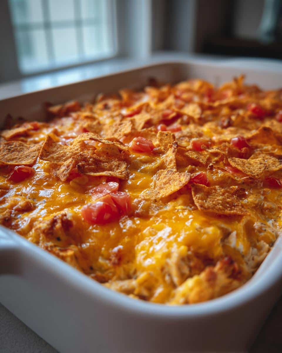Close-up of a freshly baked Spicy Angel Chicken Casserole in a white dish, topped with melted cheese, crushed Doritos, and diced tomatoes.