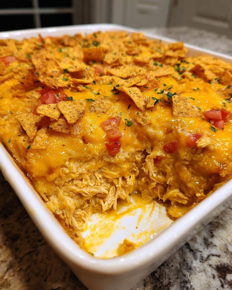 Close-up of a cheesy Spicy Angel Chicken Casserole with a scoop taken out, showing shredded chicken and a Dorito topping.