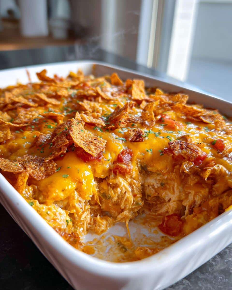 A close-up of a steaming hot Spicy Angel Chicken Casserole in a white baking dish, topped with melted cheese and tortilla chips.