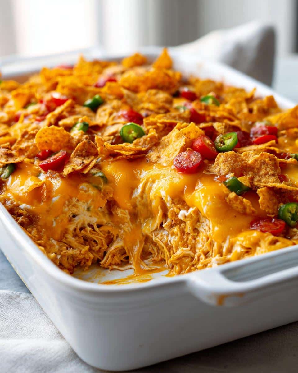 Close-up of a bubbling Spicy Angel Chicken Casserole in a white baking dish, topped with melted cheese, crushed tortilla chips, sliced cherry tomatoes, and jalapeños.