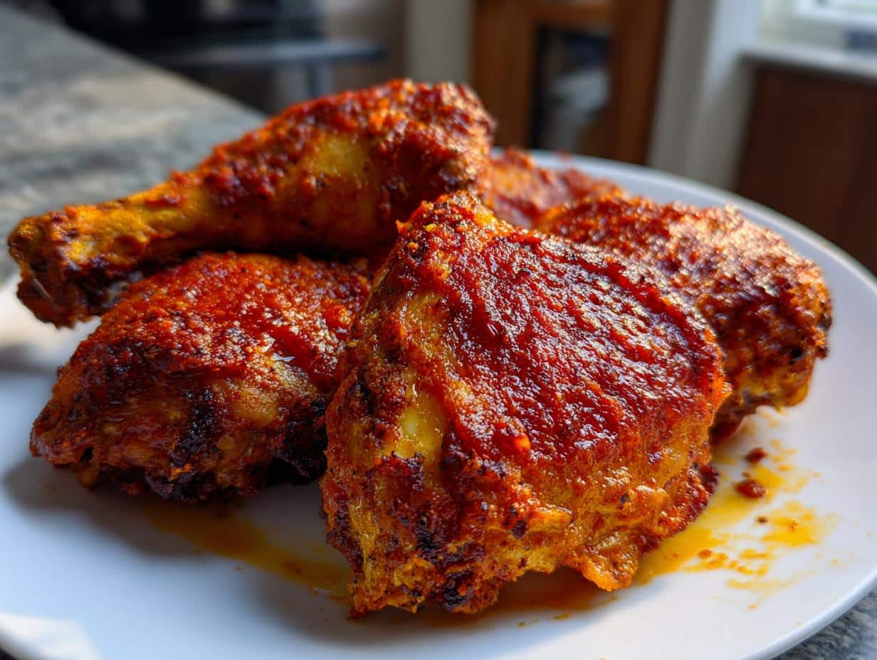Close-up of several pieces of Spicy Baked Chicken on a white plate, showing crispy, reddish-orange skin.