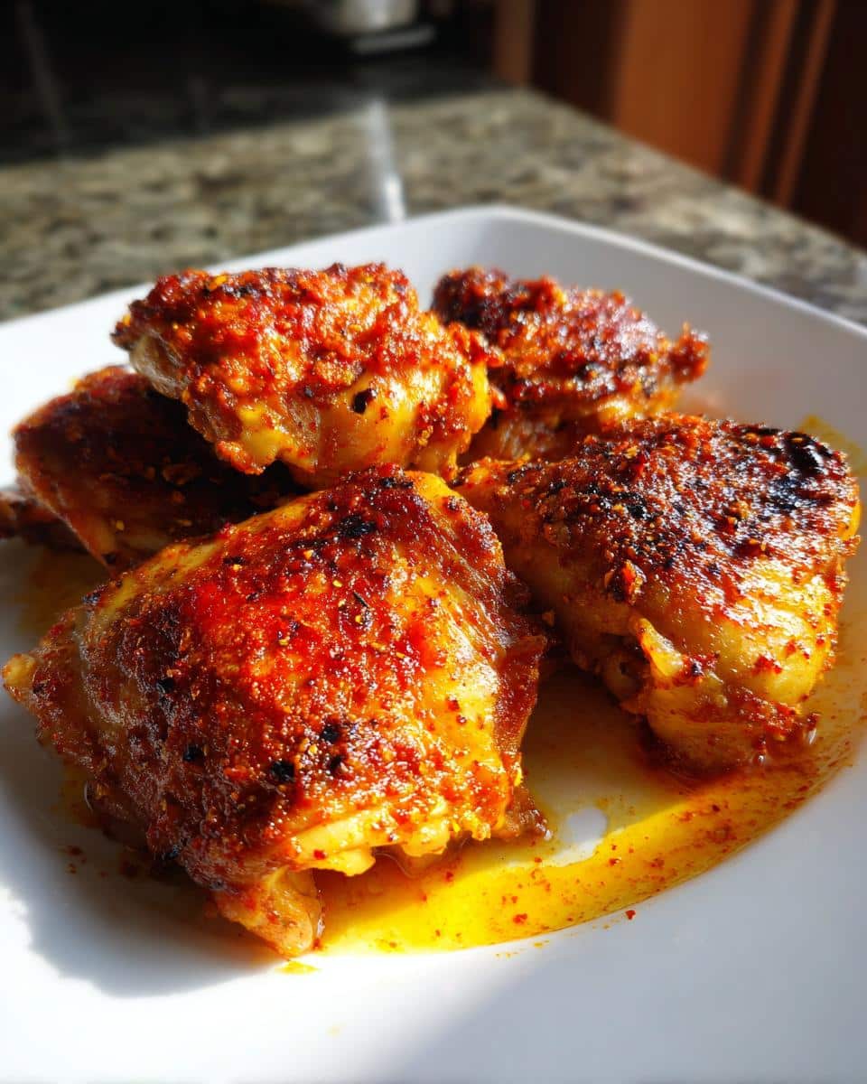 Close-up of several golden-brown, crispy Spicy Baked Chicken pieces on a white platter, glistening with spices and juices.