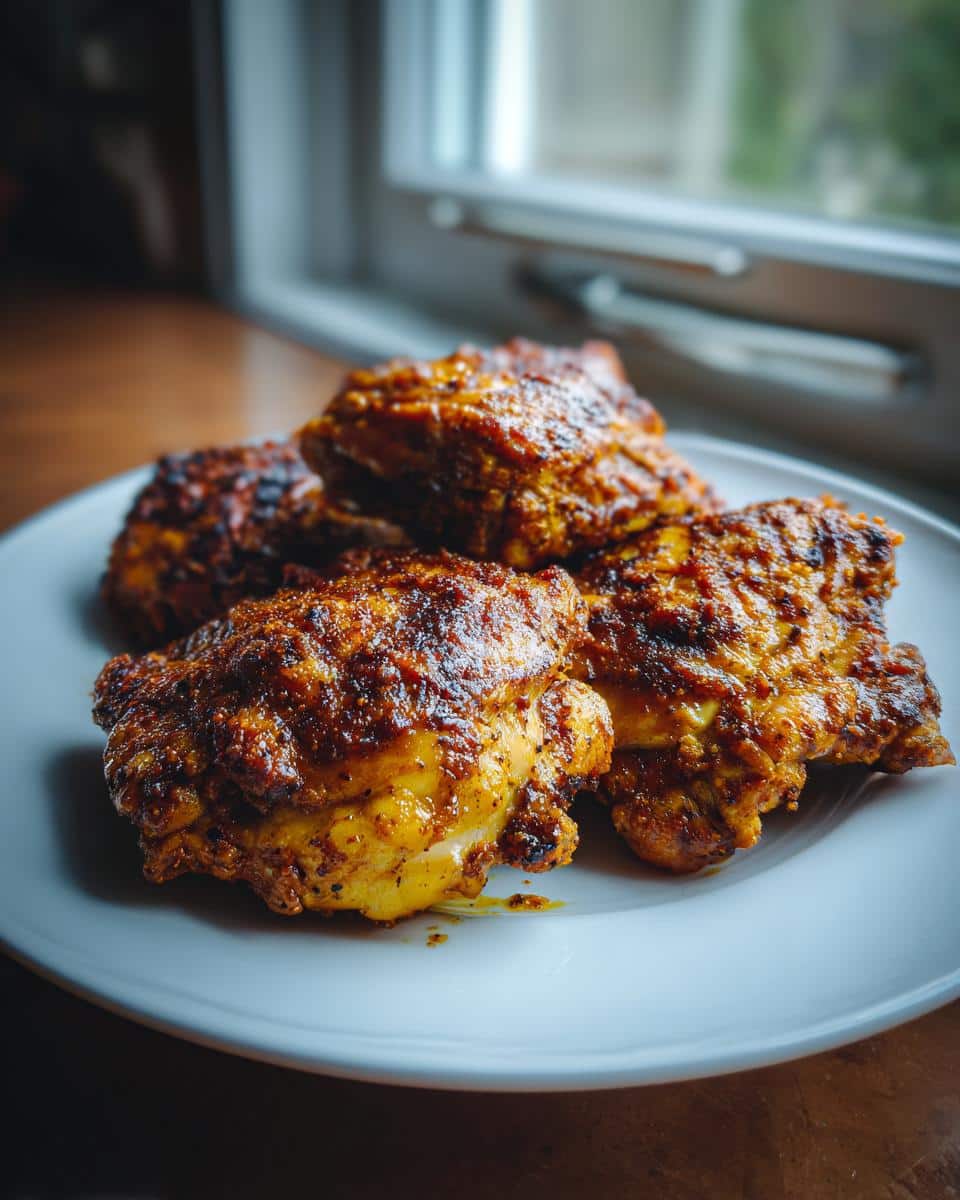 Spicy Chicken Thighs That Win Over Picky Eaters Every Time 4 A close-up shot of several perfectly cooked, golden-brown Spicy Chicken Thigh Recipes on a white plate.