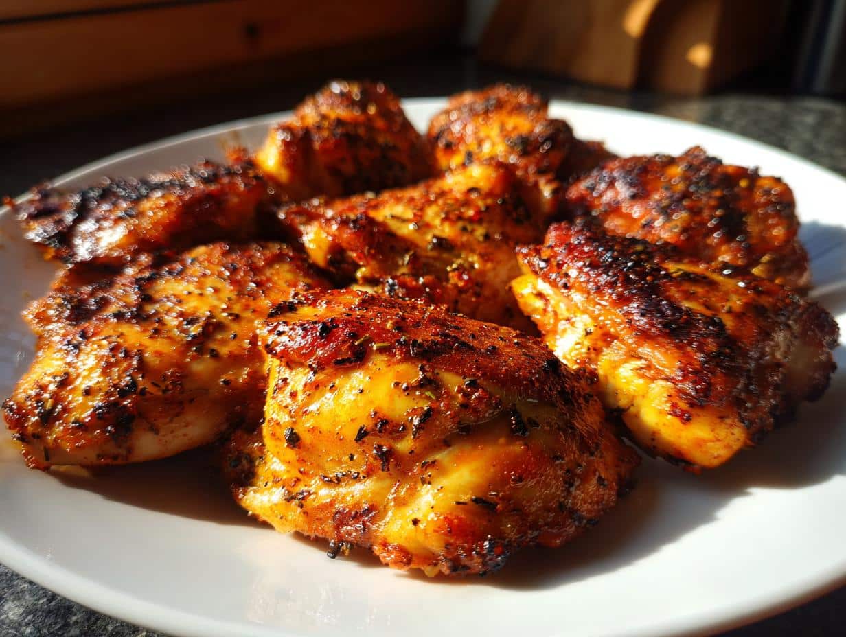 Spicy Chicken Thighs That Win Over Picky Eaters Every Time 1 A close-up of several perfectly cooked, golden-brown Spicy Chicken Thighs on a white plate, seasoned with herbs and spices.