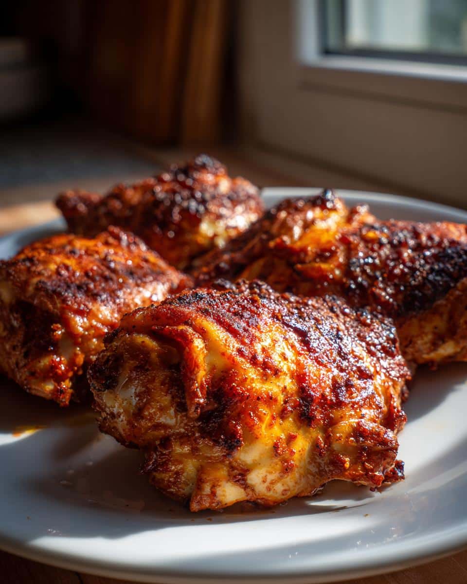 Spicy Chicken Thighs That Win Over Picky Eaters Every Time 2 A close-up of four crispy and golden-brown Spicy Chicken Thighs on a white plate, illuminated by natural light.