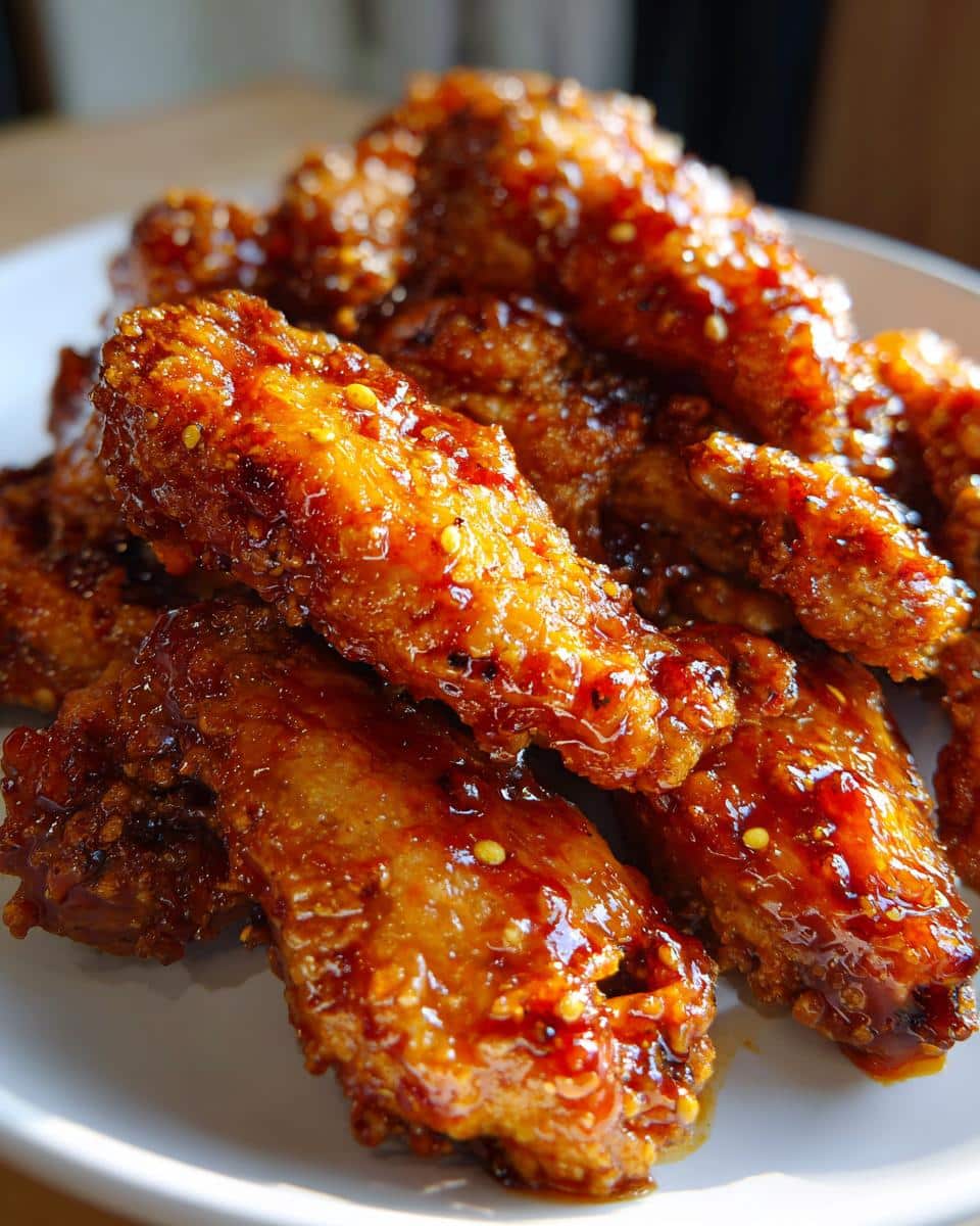Close-up of a pile of glossy, saucy Spicy Chicken Wings on a white plate, showing visible chili flakes.
