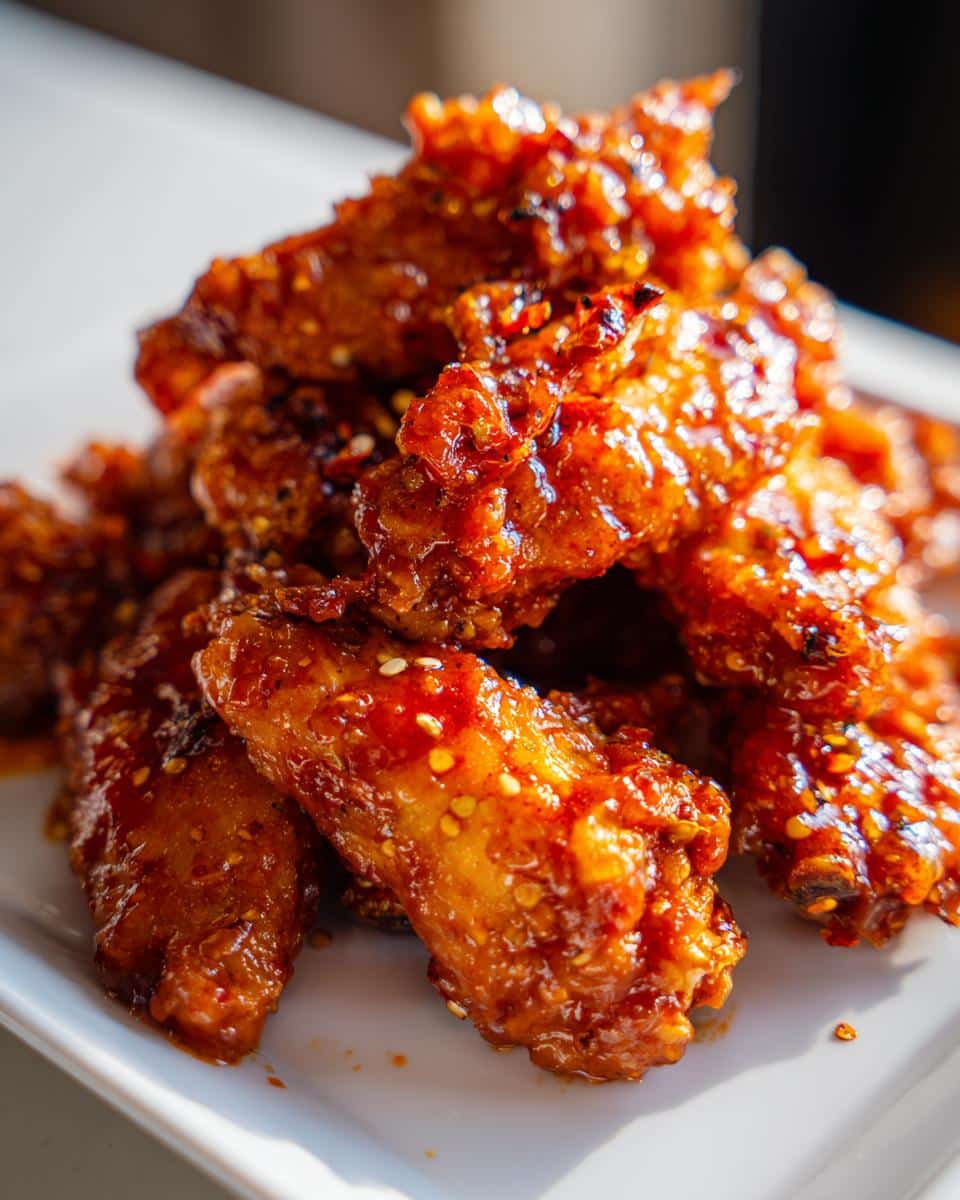 A close-up of a pile of glistening spicy chicken wings sauce, coated in a rich red-orange sauce and sprinkled with sesame seeds, on a white plate.