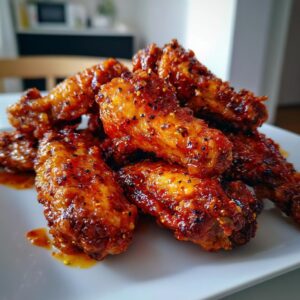 Close-up of a pile of glistening, golden-brown Spicy Chicken Wings covered in a rich, flavorful sauce with visible spices.
