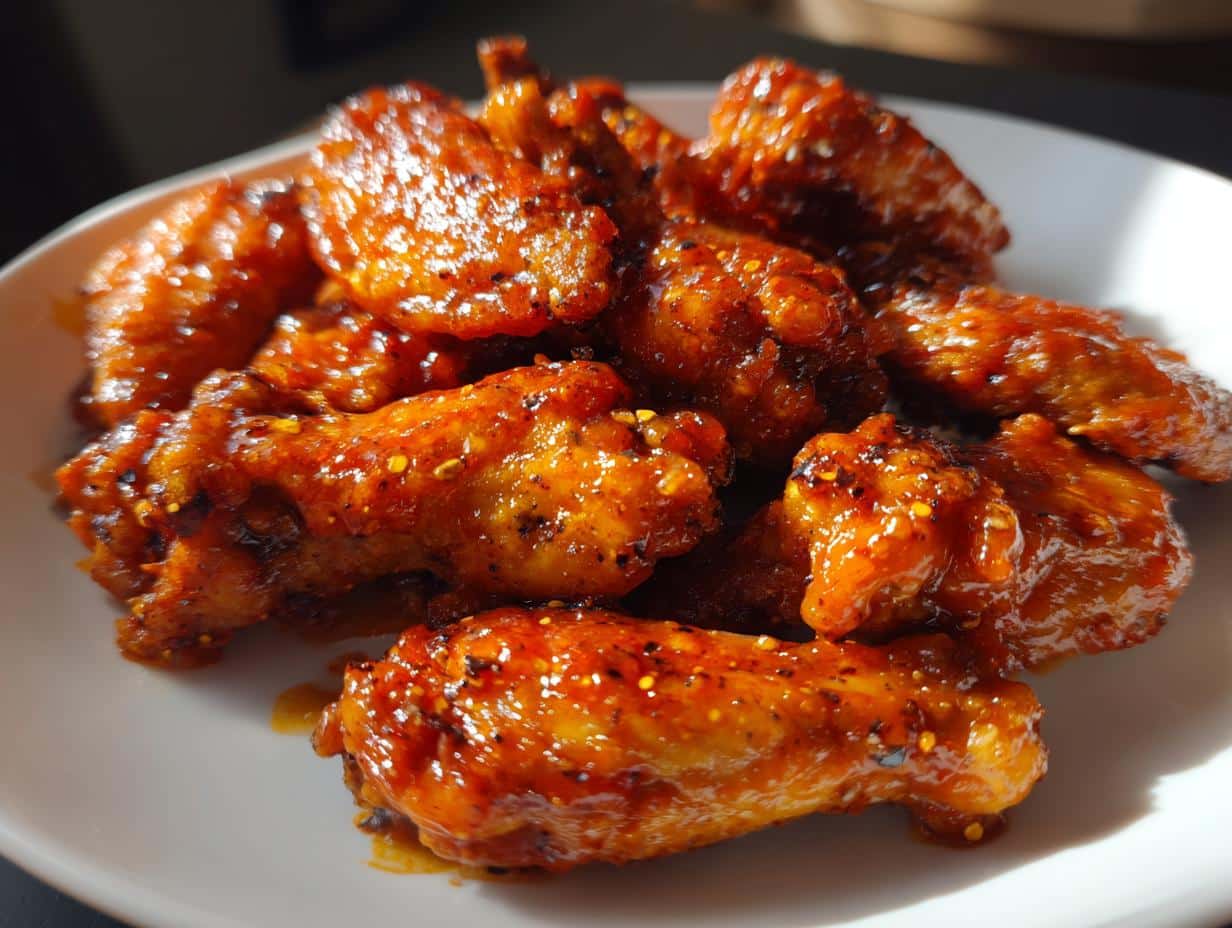 A close-up shot of a plate piled high with glistening, saucy Spicy Chicken Wings. The wings are coated in a rich, reddish-orange sauce with visible spices.