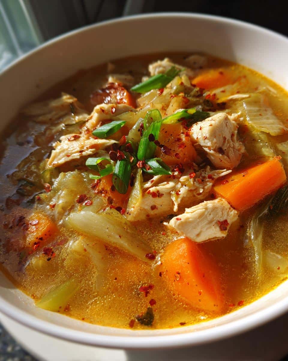 Close-up of a bowl of Spicy Chinese Chicken Soup with shredded chicken, carrots, cabbage, green onions, and chili flakes.