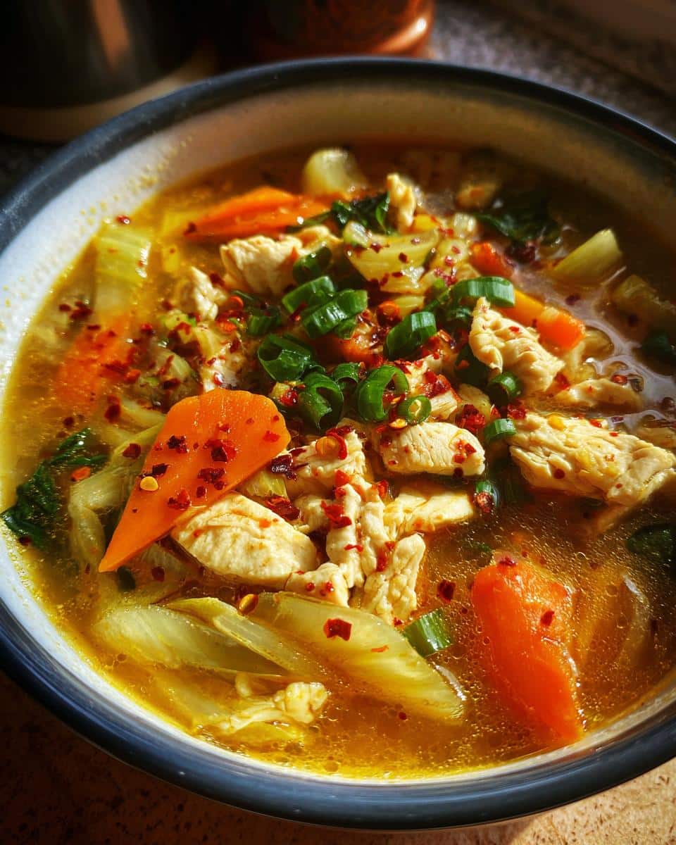 Close-up of a bowl of Spicy Chinese Chicken Soup with chicken pieces, carrots, green onions, and chili flakes.