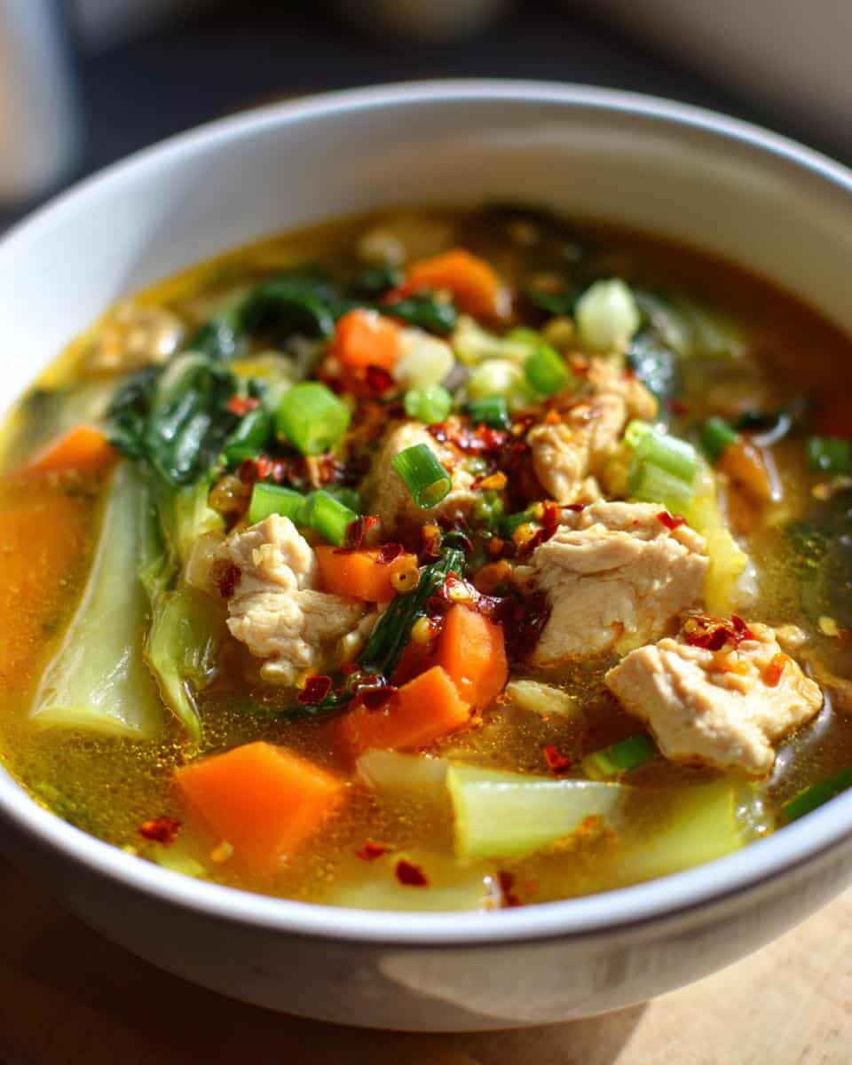 Close-up of a bowl of Spicy Chinese Chicken Soup with chicken pieces, carrots, bok choy, and green onions, garnished with red chili flakes.