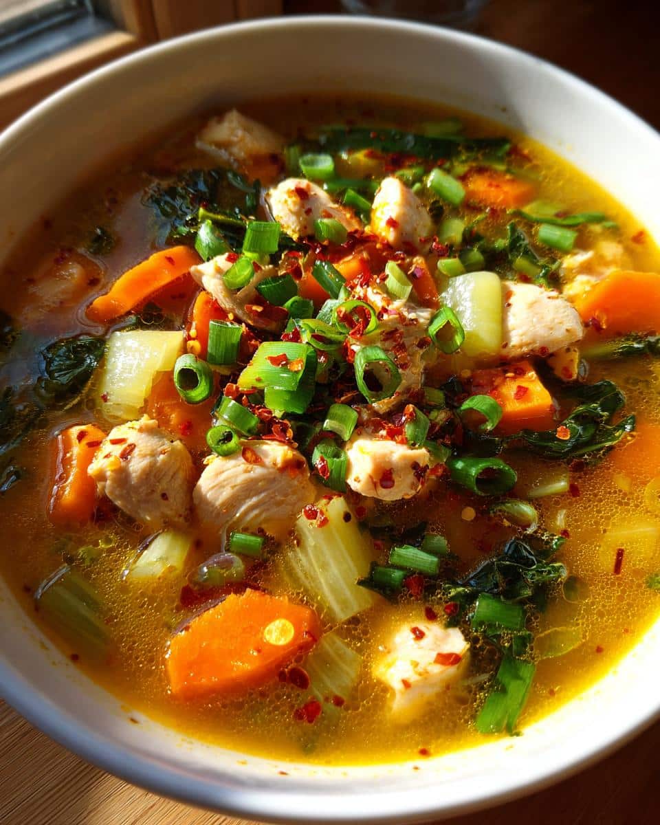A close-up of a bowl of Spicy Chinese Chicken Soup, garnished with green onions and red pepper flakes.