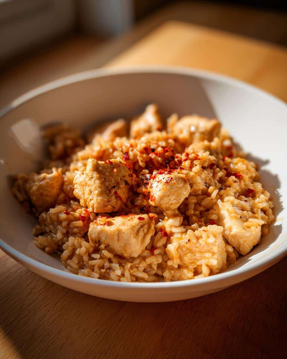 Close-up of a bowl of Spicy Creamy Chicken and Rice, garnished with red pepper flakes, on a wooden surface.