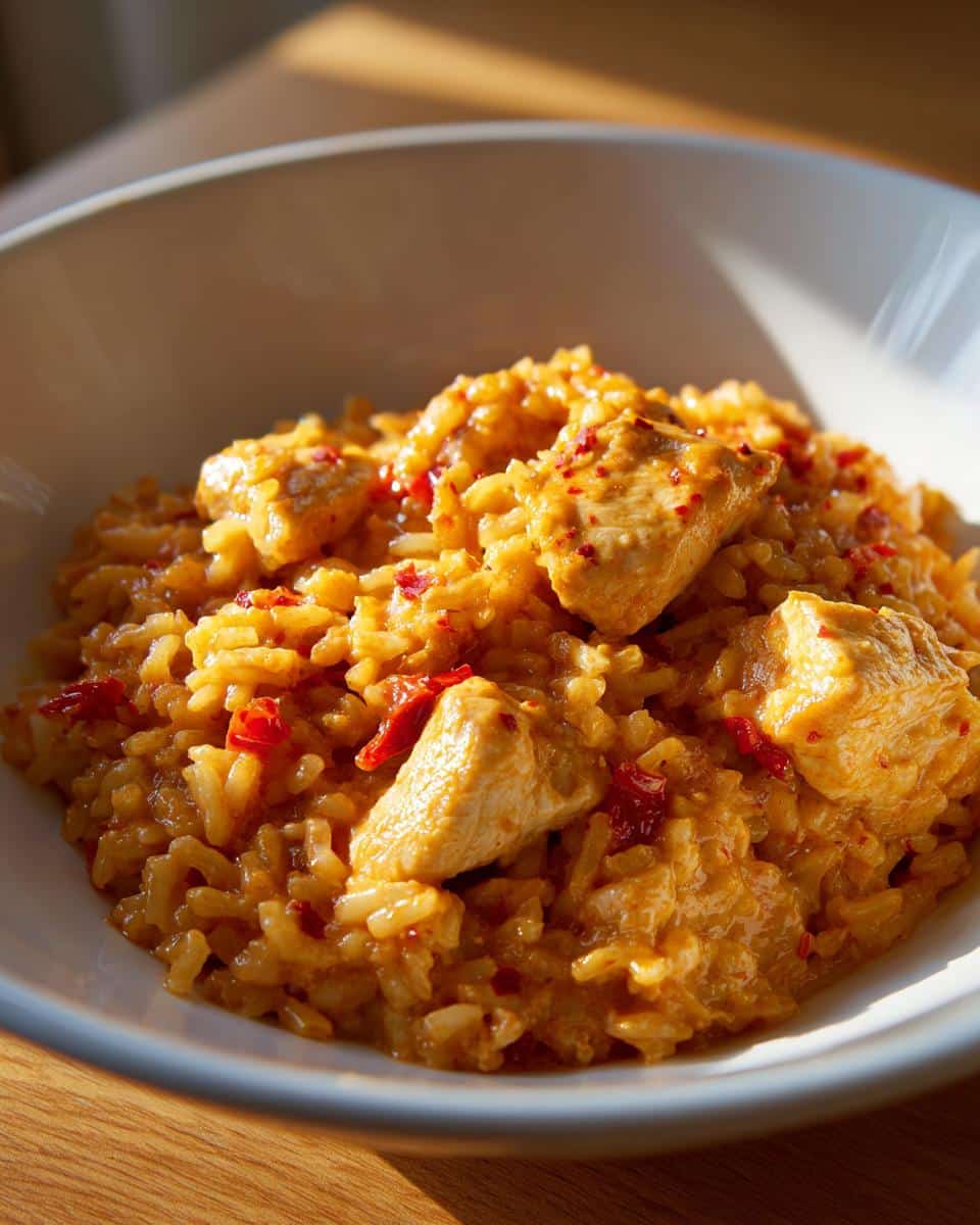 Close-up of a bowl of Spicy Creamy Chicken and Rice, showing tender chicken pieces and red chili flakes.