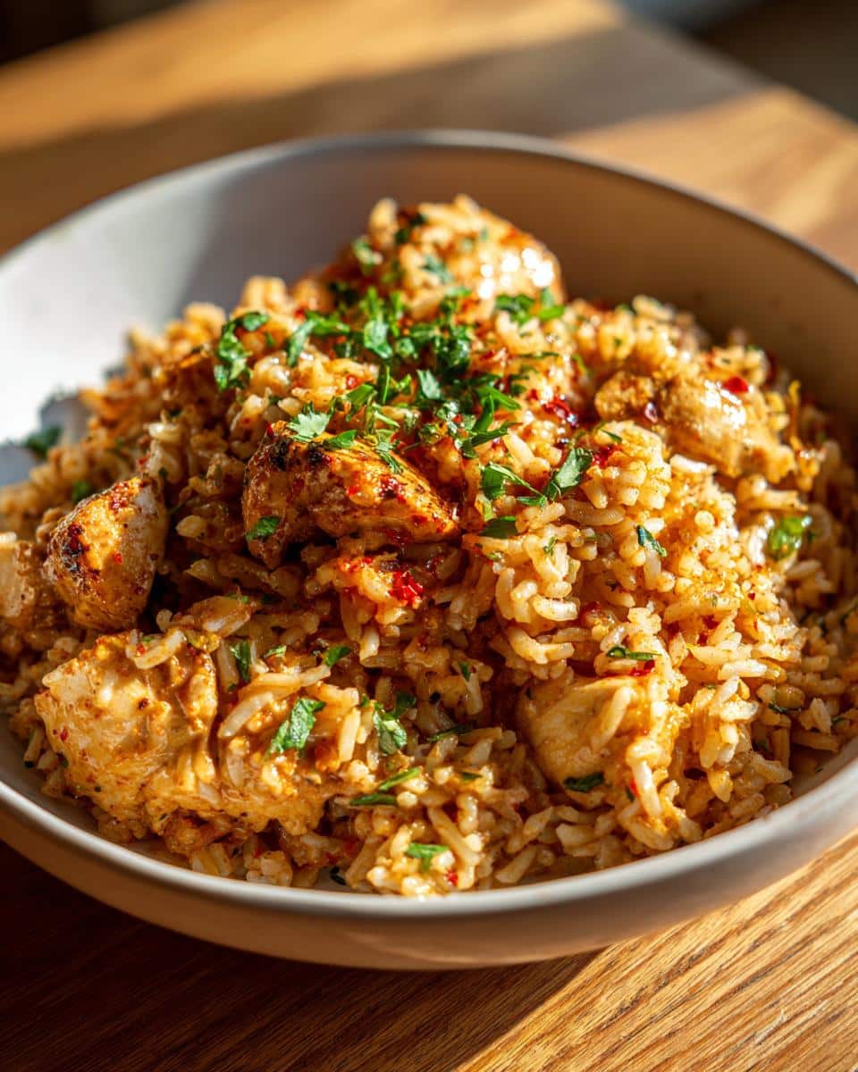 A close-up of a bowl filled with Spicy Creamy Chicken and Rice, garnished with fresh parsley and red pepper flakes.