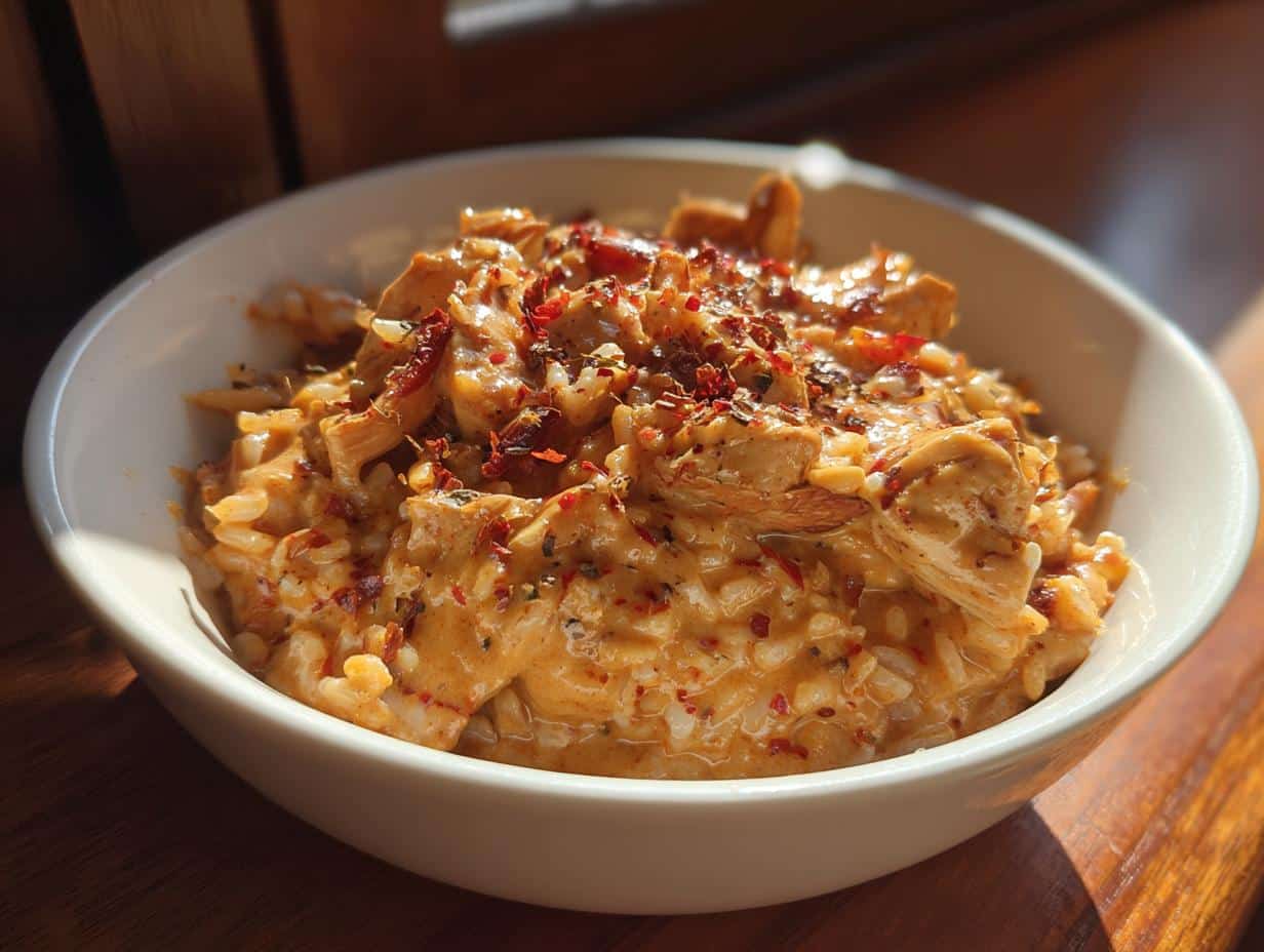 A close-up of a white bowl filled with Spicy Creamy Chicken and Rice, garnished with red pepper flakes and herbs.