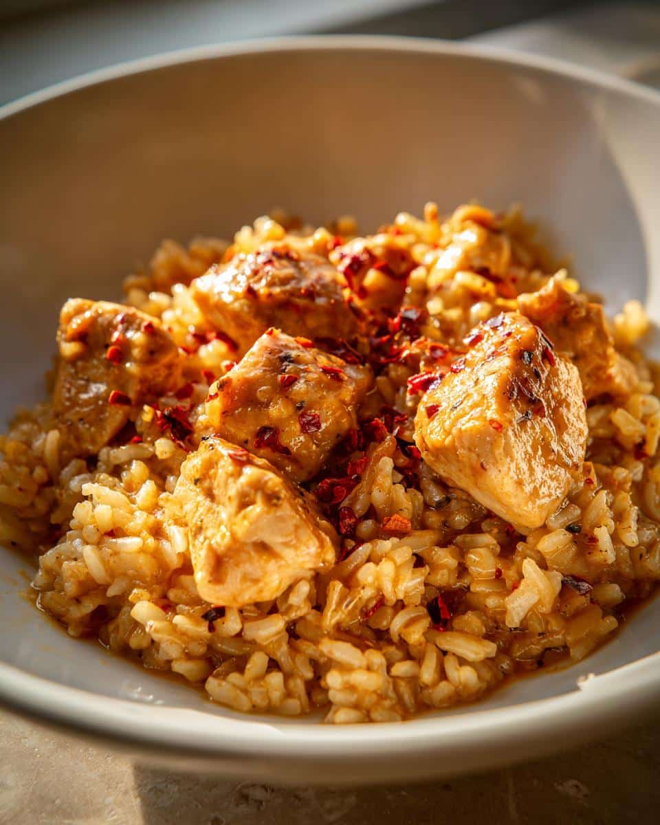 Close-up of a bowl filled with Spicy Creamy Chicken and Rice, garnished with red pepper flakes.