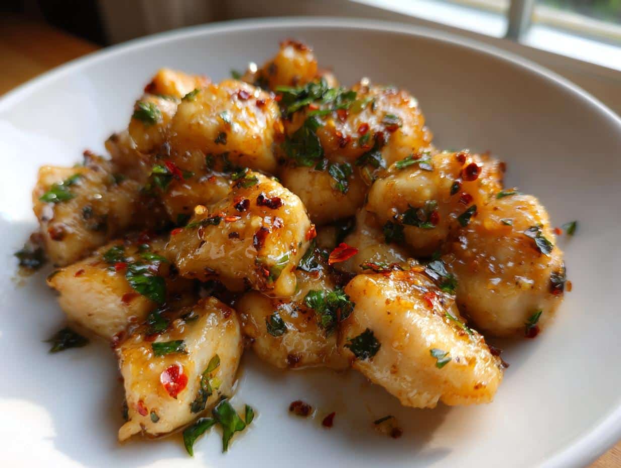 Close-up of golden-brown chicken pieces coated in a glossy, spicy garlic butter sauce, garnished with red pepper flakes and fresh parsley. Spicy Garlic Butter Chicken Recipe.