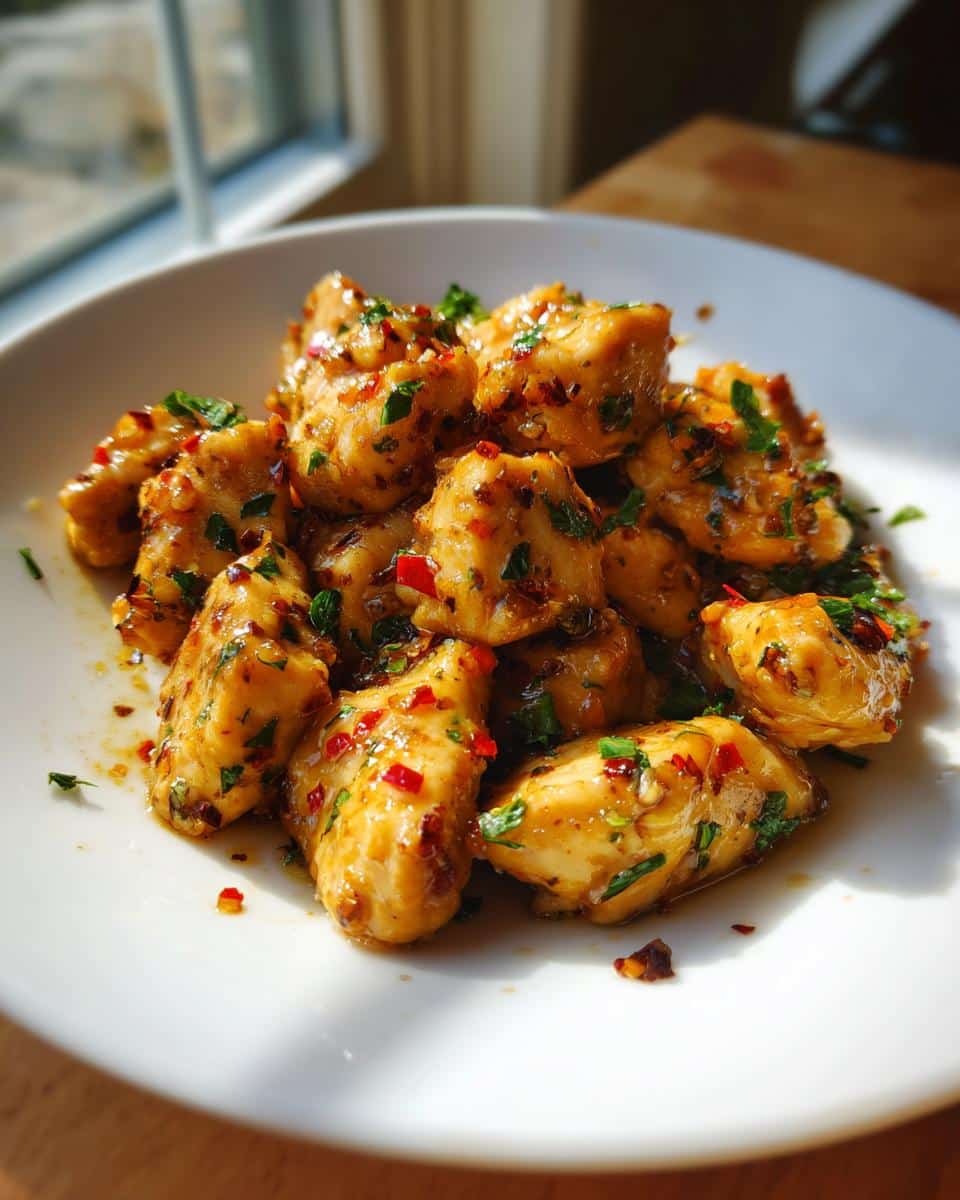 Close-up of a white plate filled with golden-brown chicken pieces coated in a glossy sauce with red chili flakes and green herbs, showcasing the Spicy Garlic Butter Chicken Recipe.