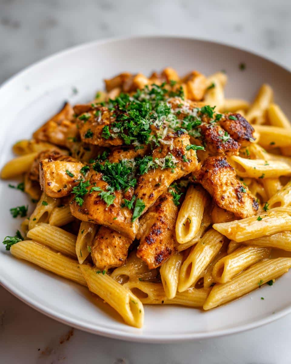 A close-up of a white bowl filled with Spicy Marry Me Chicken Pasta, featuring penne, chicken pieces, and fresh parsley.