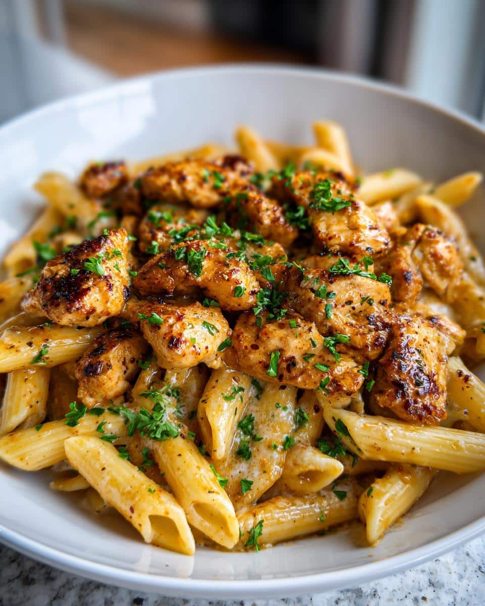 A close-up of a white bowl filled with creamy Spicy Marry Me Chicken Pasta, garnished with fresh parsley.