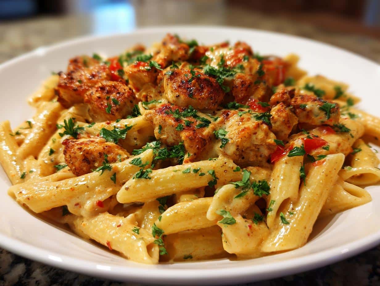 Close-up of a bowl of creamy Spicy Marry Me Chicken Pasta Recipe Made Easy, garnished with fresh parsley and red pepper flakes.