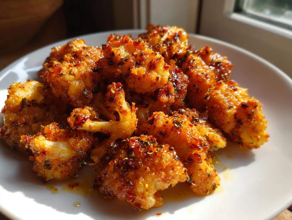 Close-up of golden brown, crispy pieces of Spicy Melt in Your Mouth Chicken, coated in spices and herbs on a white plate.