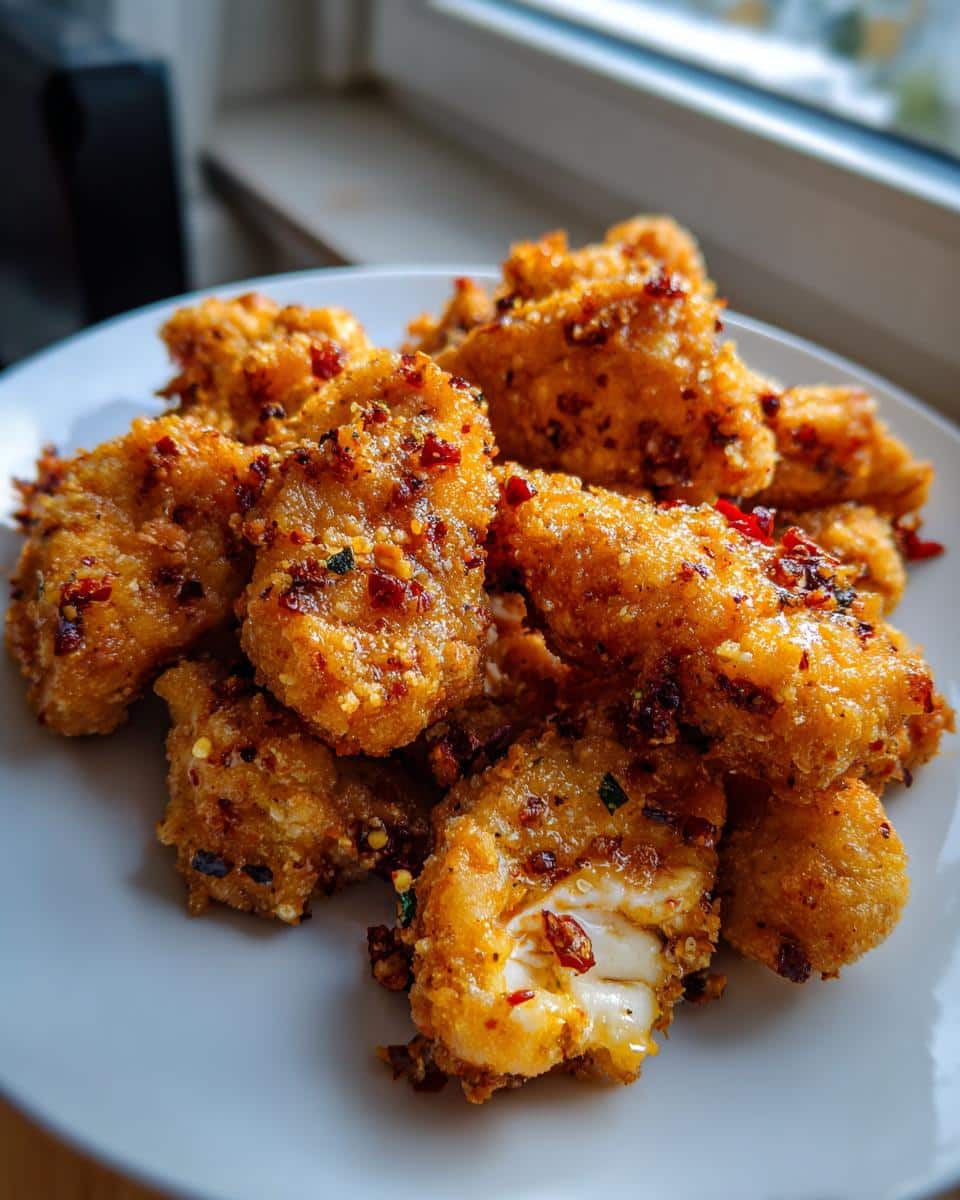 Close-up of a plate piled high with golden-brown, crispy Spicy Melt in Your Mouth Chicken pieces, garnished with red chili flakes.