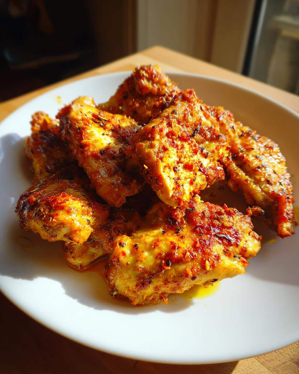 A close-up of a white plate filled with golden-brown, seasoned Spicy Melt in Your Mouth Chicken pieces, glistening with oil.