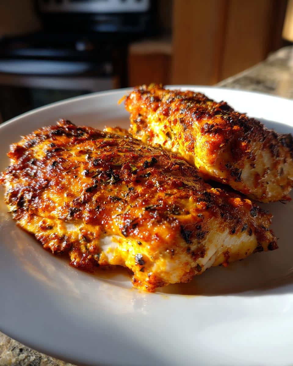 Two perfectly cooked pieces of Spicy Melt in Your Mouth Chicken on a white plate, glistening with spices.