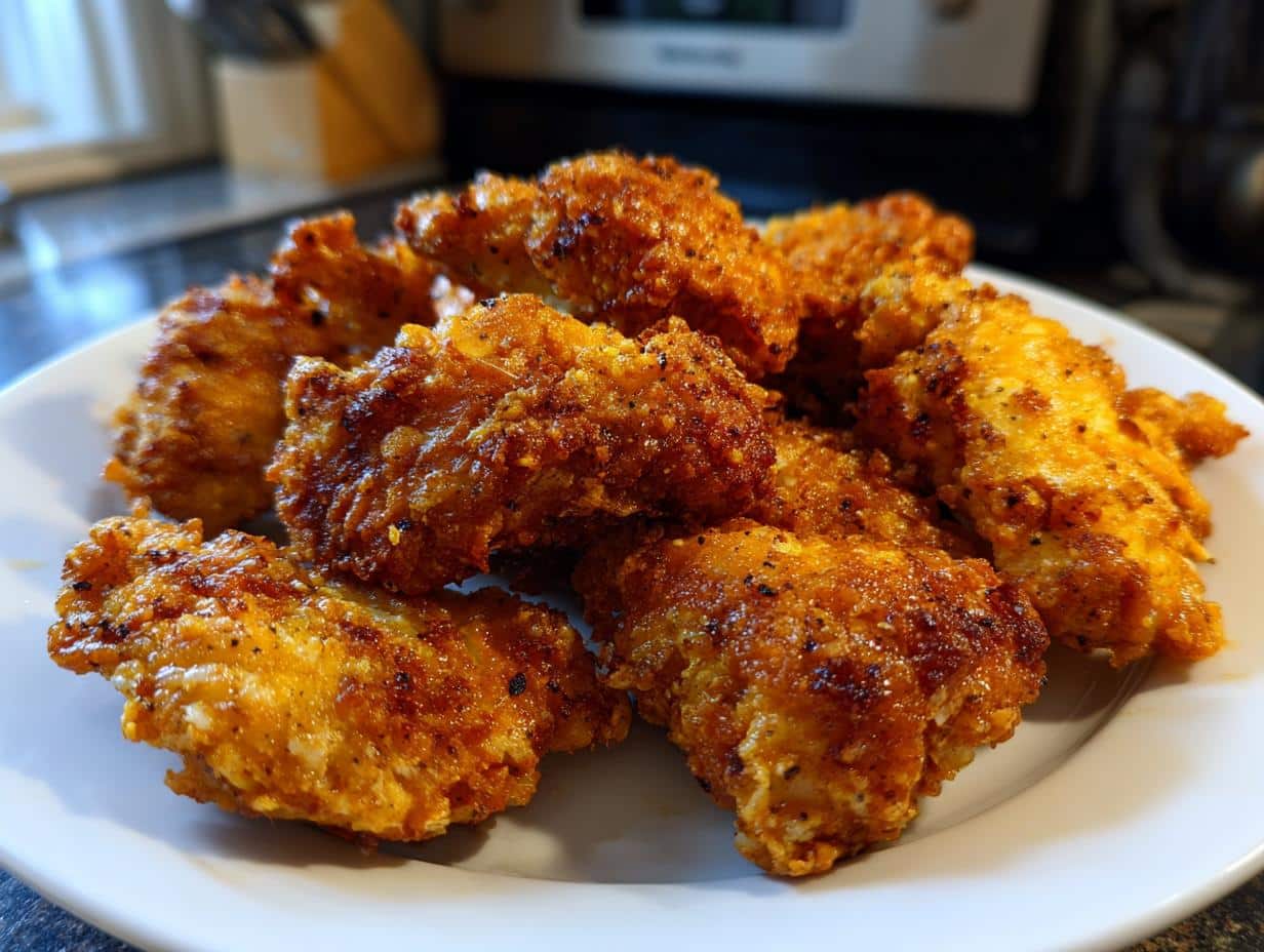 Close-up of a white plate piled high with golden-brown, crispy pieces of Spicy and Tasty Ranch Chicken.