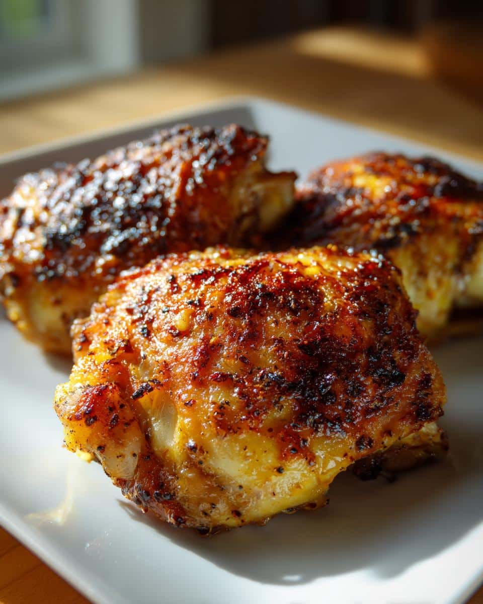 Close-up of three perfectly cooked Spicy Yummy Crispy Chicken Thighs on a white plate, showing golden-brown crispy skin.