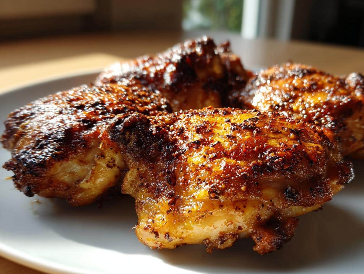 Close-up of three golden-brown, crispy chicken thighs seasoned with spices, ready to eat. Spicy Yummy Crispy Chicken Thigh.