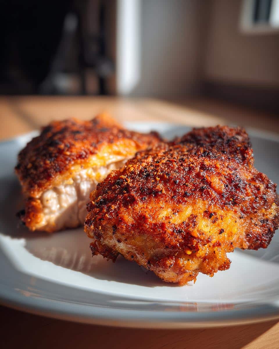 Close-up of two golden-brown, Spicy Yummy Crispy Chicken Thighs on a white plate, showing their crispy skin.