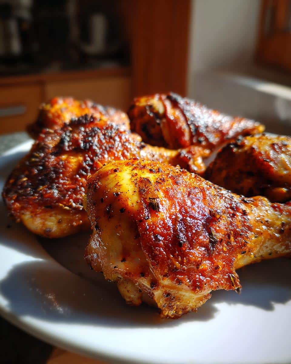 Close-up of several golden-brown, Spicy Yummy Crispy Chicken Thighs on a white plate, showing crispy skin and seasoning.