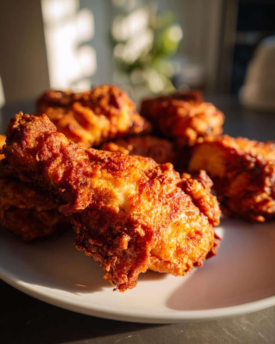 Close-up of several pieces of golden-brown, Spicy Yummy Crispy Chicken Thigh Recipes to Try Tonight on a white plate, bathed in warm sunlight.