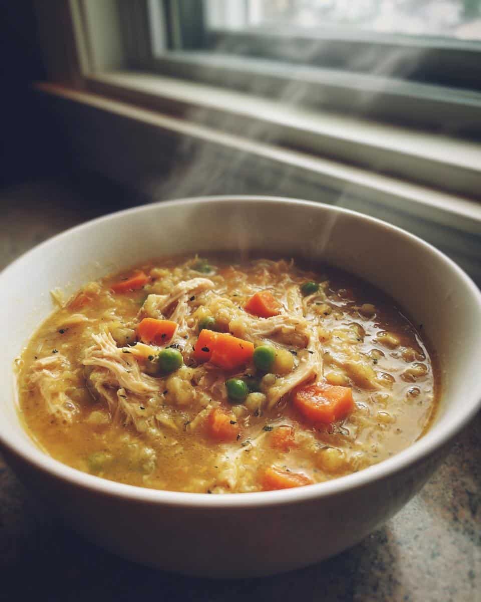A steaming bowl of Chicken Pot Pie Soup Recipe for Dinner, filled with shredded chicken, carrots, peas, and a creamy broth, by a window.