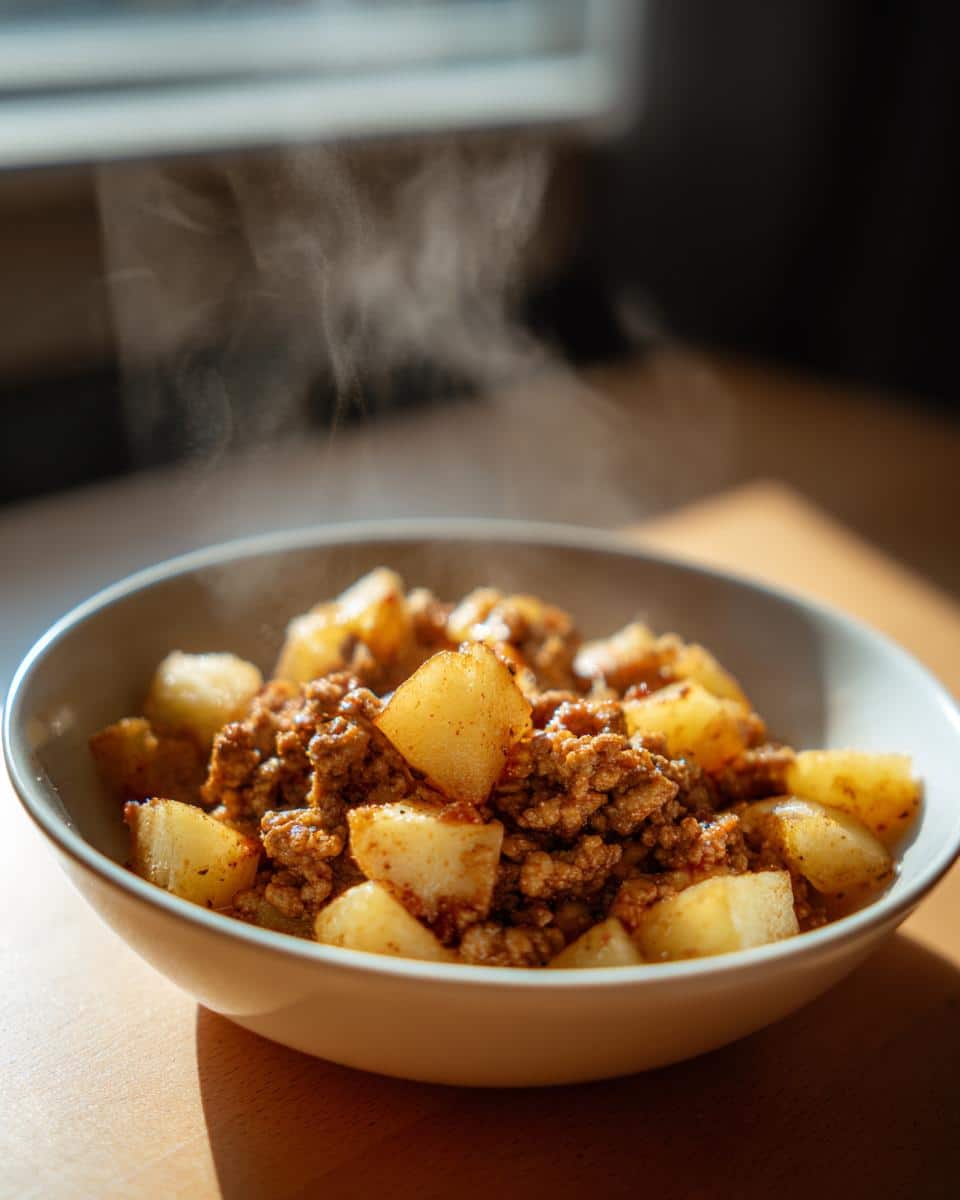 Close-up of a steaming bowl of Fresh Ground Turkey with Potatoes, showing chunks of potato and ground turkey.