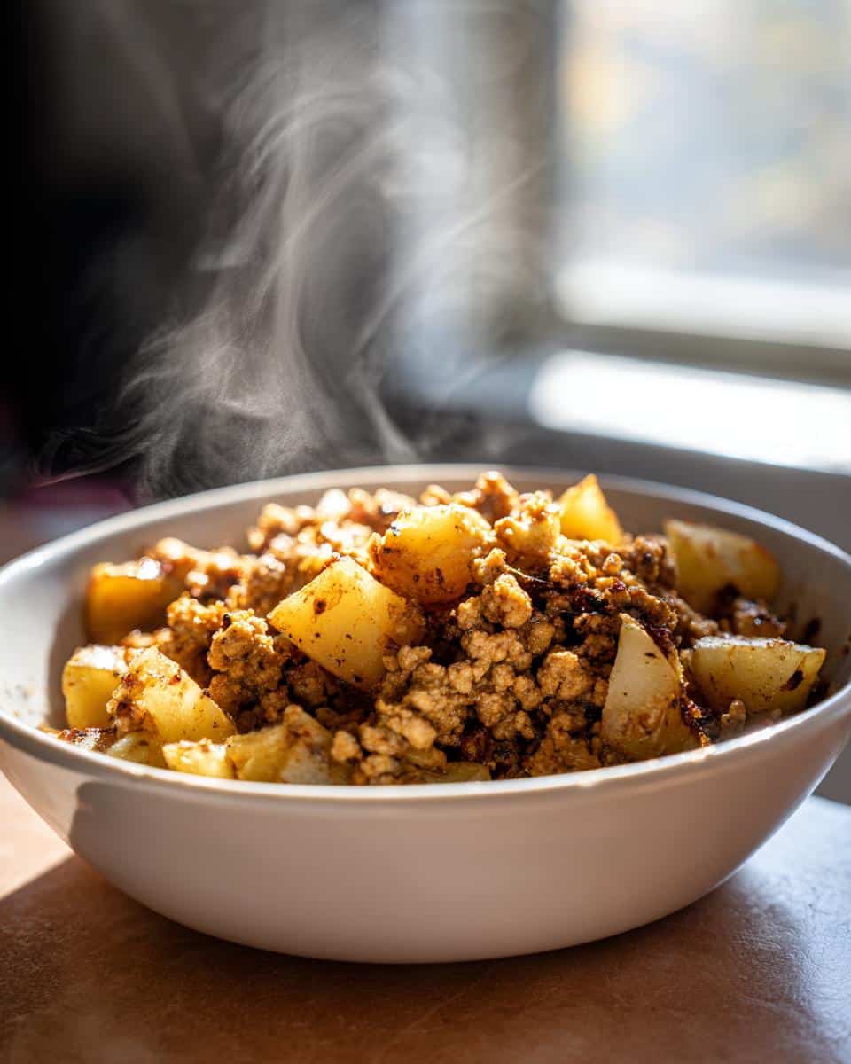 A close-up of a white bowl filled with steaming Fresh Ground Turkey with Potatoes, with sunlight from a window.