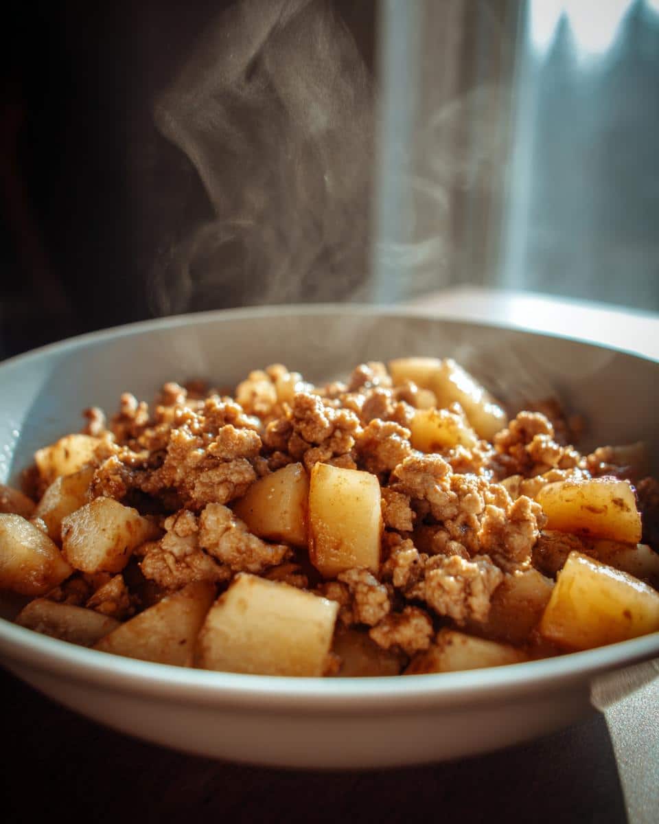 Close-up of a steaming bowl of Fresh Ground Turkey with Potatoes, showing browned turkey and cubed potatoes.
